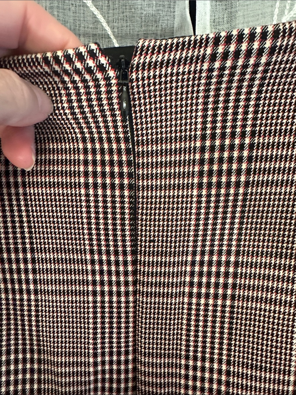 White House Black Market Burgundy and Black Plaid Mini Skirt with Ruffle Hem - Picture 5 of 7